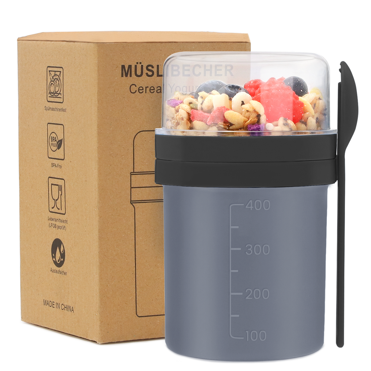 Cereal Cup To Go 450 ml + 350 ml, Practical Cereal Cup with Spoon Leak-Proof Yoghurt Cup