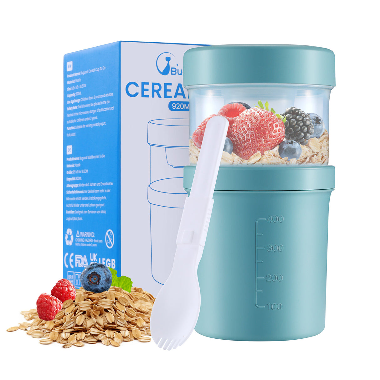 MüSlibecher to Go Mug 560 ml + 360 ml, Cereal Cup, Leak-Proof Yoghurt Cup Salad Cup with Spoon