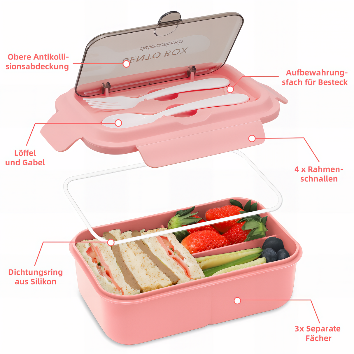 Kids Lunch Box 1200 ml, Leak-Proof Lunch Box with 3 Compartments, Bento Box Adults with Cutlery