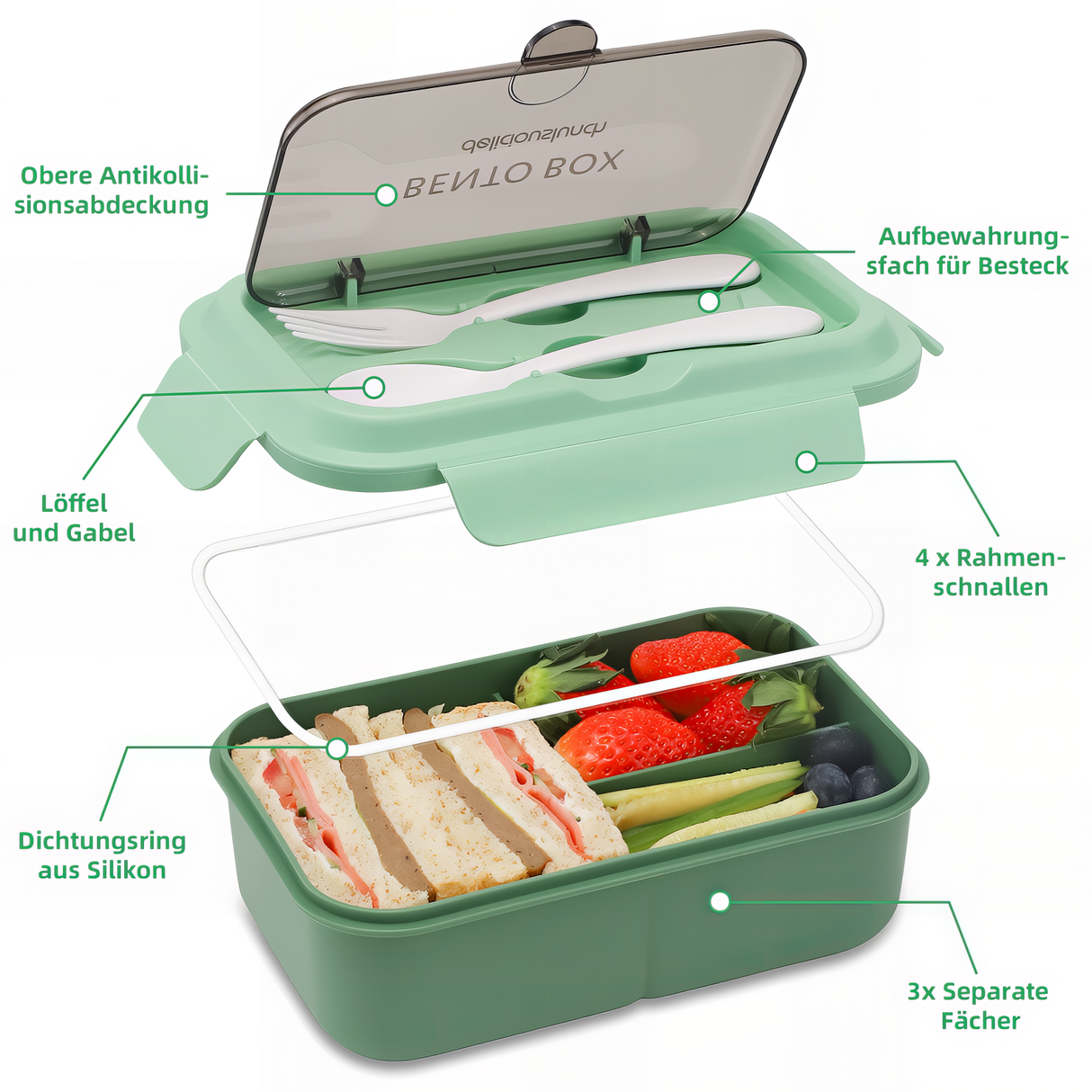 Kids Lunch Box 1200 ml, Leak-Proof Lunch Box with 3 Compartments, Bento Box Adults with Cutlery