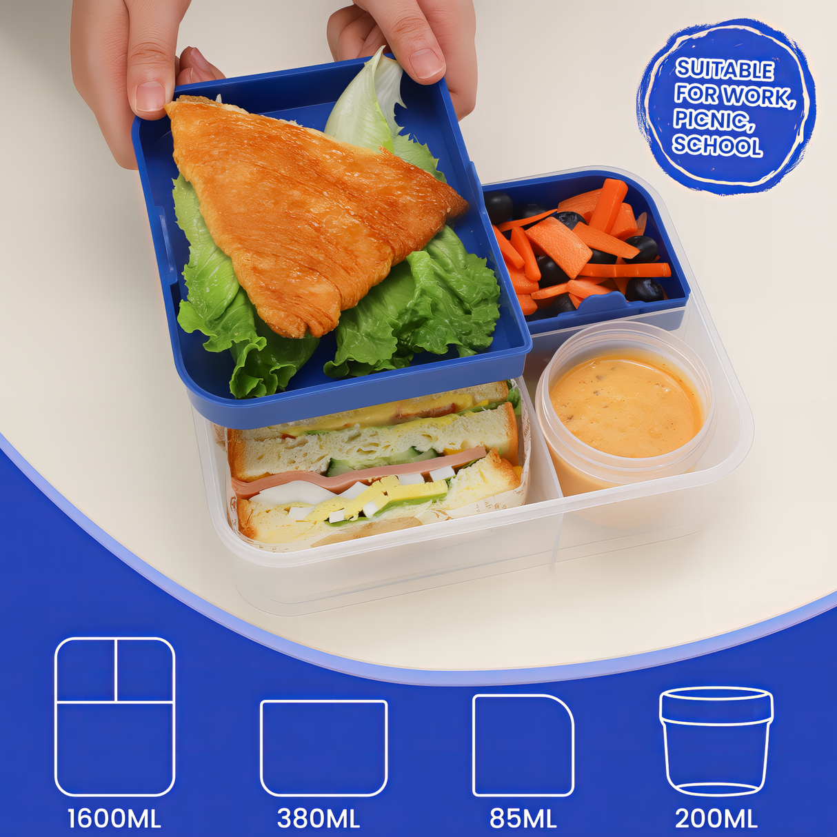 Bento Box 1600ML,Lunchbox Salad Lunch Container to Go with Compartment Tray,Bento Lunch Box Salad Bowl with Dressing Container