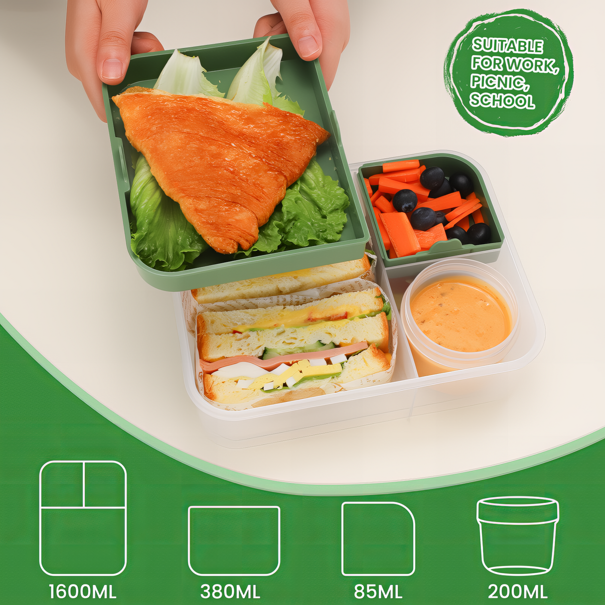 Bento Box 1600ML,Lunchbox Salad Lunch Container to Go with Compartment Tray,Bento Lunch Box Salad Bowl with Dressing Container