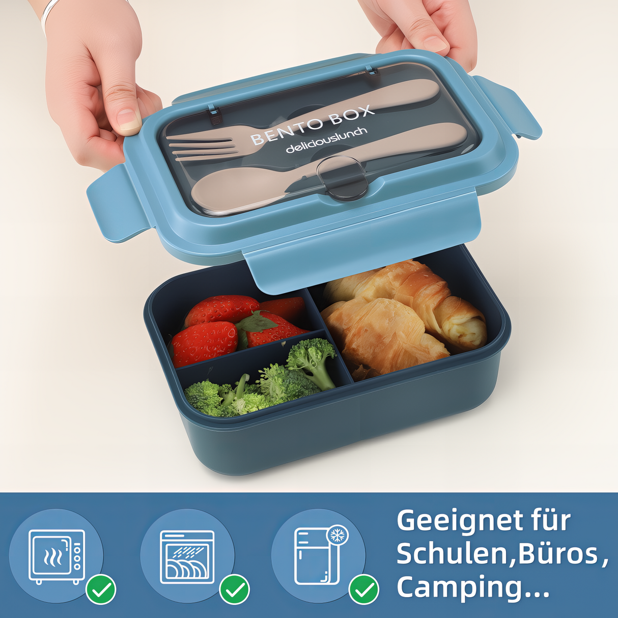 Kids Lunch Box 1200 ml, Leak-Proof Lunch Box with 3 Compartments, Bento Box Adults with Cutlery