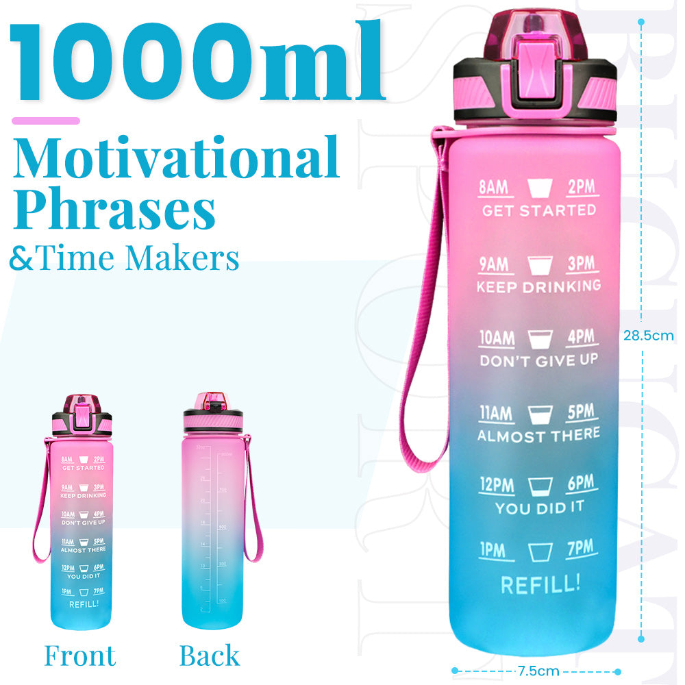 Water Bottle 1L, Drinks Bottle with Straw and Time Markings, Leak Proof Sport Jug Reusable, BPA Free Tritan Water Storage Container for Gym Outdoor Cycling Fitness Outdoor, 1 Click Open