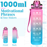 Water Bottle 1L, Drinks Bottle with Straw and Time Markings, Leak Proof Sport Jug Reusable, BPA Free Tritan Water Storage Container for Gym Outdoor Cycling Fitness Outdoor, 1 Click Open