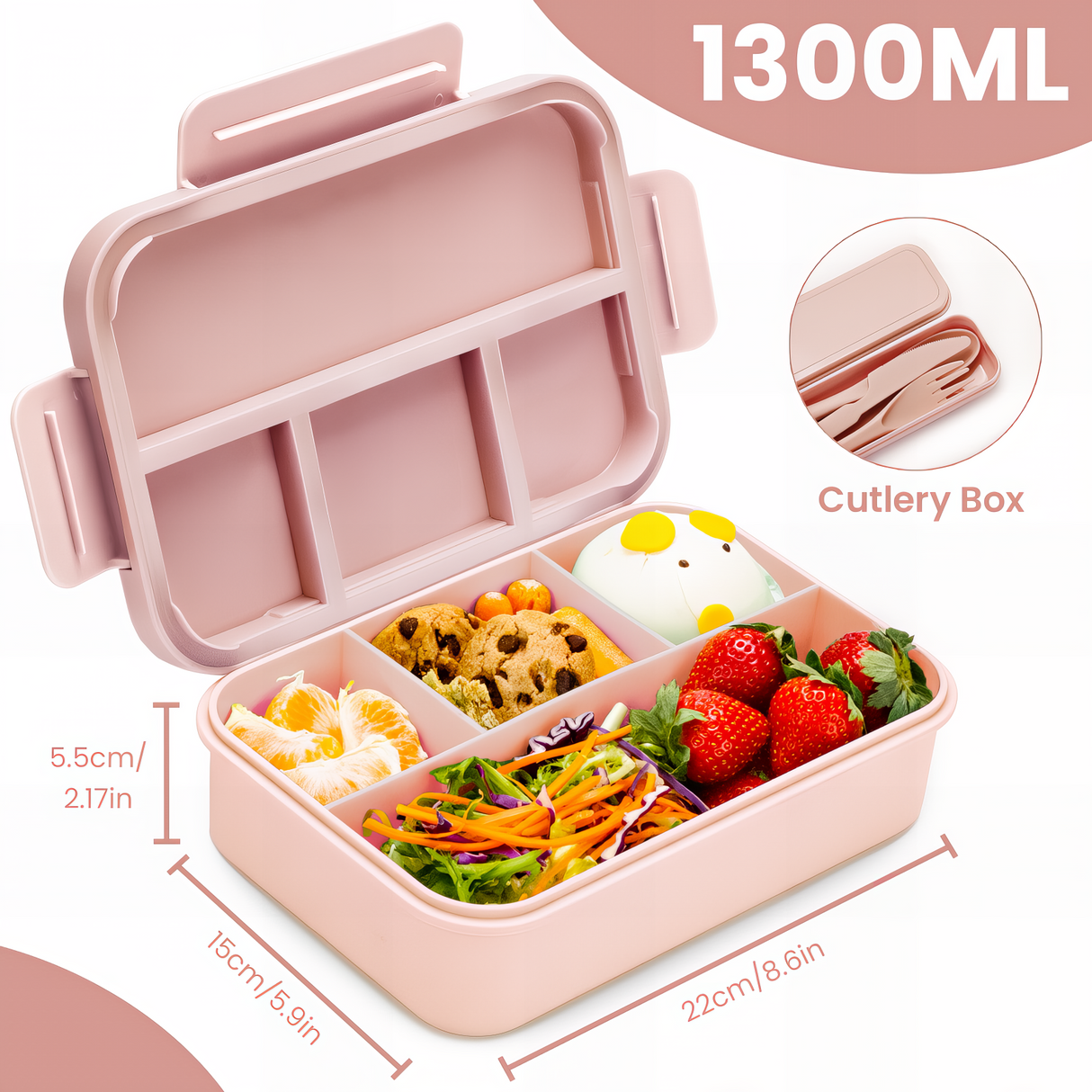 Lunch Box 1300ML,Leak-Proof Bento Lunch Box with 4 Compartments,Kids Lunch Box Bento Box Adult with Cutlery