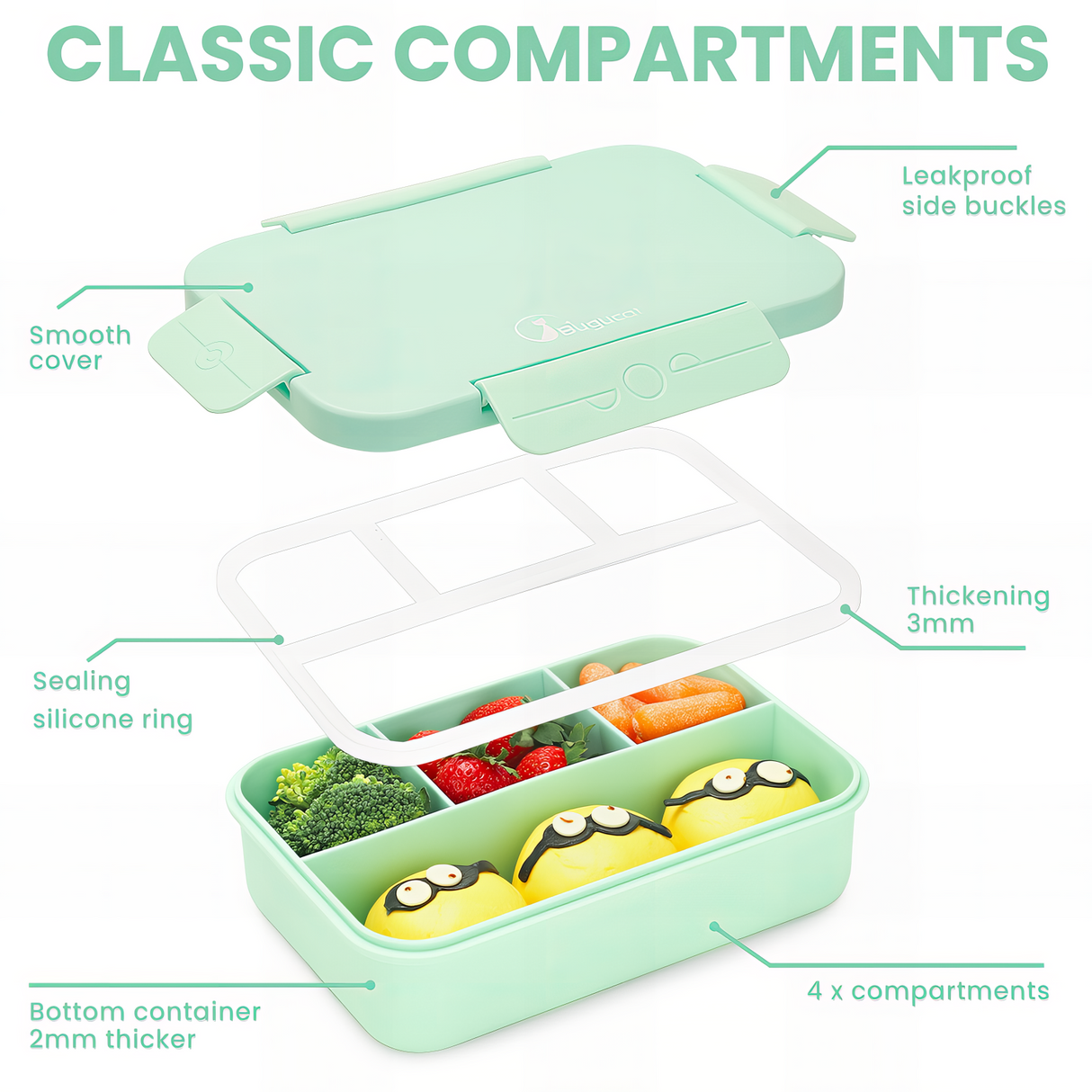 Lunch Box 1300ML,Leak-Proof Bento Lunch Box with 4 Compartments,Kids Lunch Box Bento Box Adult with Cutlery