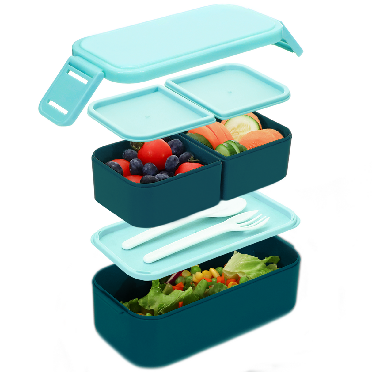 Bento Lunch Box 1300ML,2 in 1 Stackable Lunch Box Bento Boxes,2 Layer 3 Compartments Leak Proof Lunchbox for Adults Kids