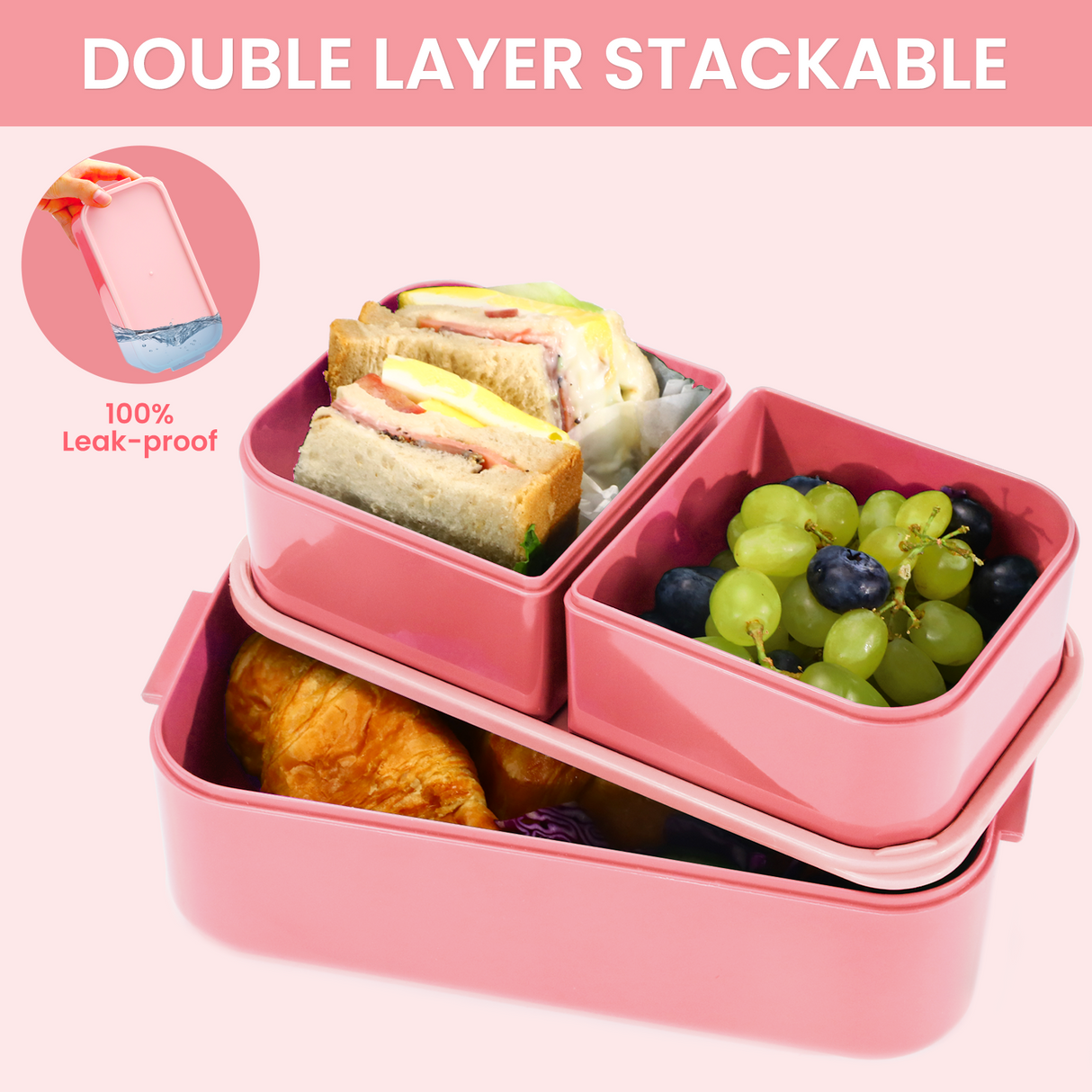 Bento Lunch Box 1300ML,2 in 1 Stackable Lunch Box Bento Boxes,2 Layer 3 Compartments Leak Proof Lunchbox for Adults Kids