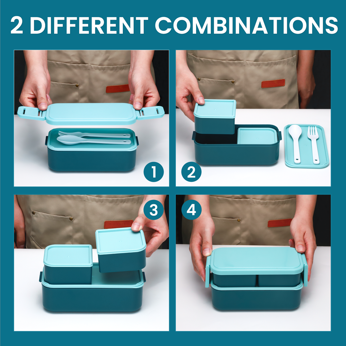 Bento Lunch Box 1300ML,2 in 1 Stackable Lunch Box Bento Boxes,2 Layer 3 Compartments Leak Proof Lunchbox for Adults Kids