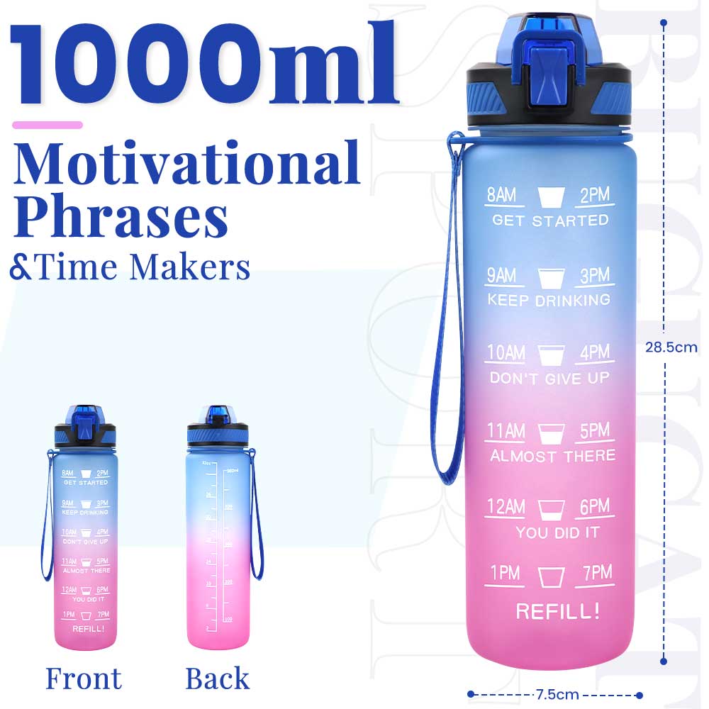 Water Bottle 1L, Drinks Bottle with Straw and Time Markings, Leak Proof Sport Jug Reusable, BPA Free Tritan Water Storage Container for Gym Outdoor Cycling Fitness Outdoor, 1 Click Open