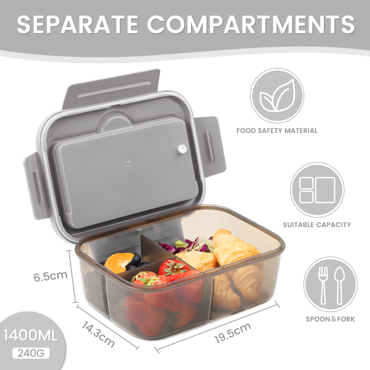 Bento Box for Adults, Bento Lunch Box, 1400ml Lunch Box with 3 Compartments for Cutlery