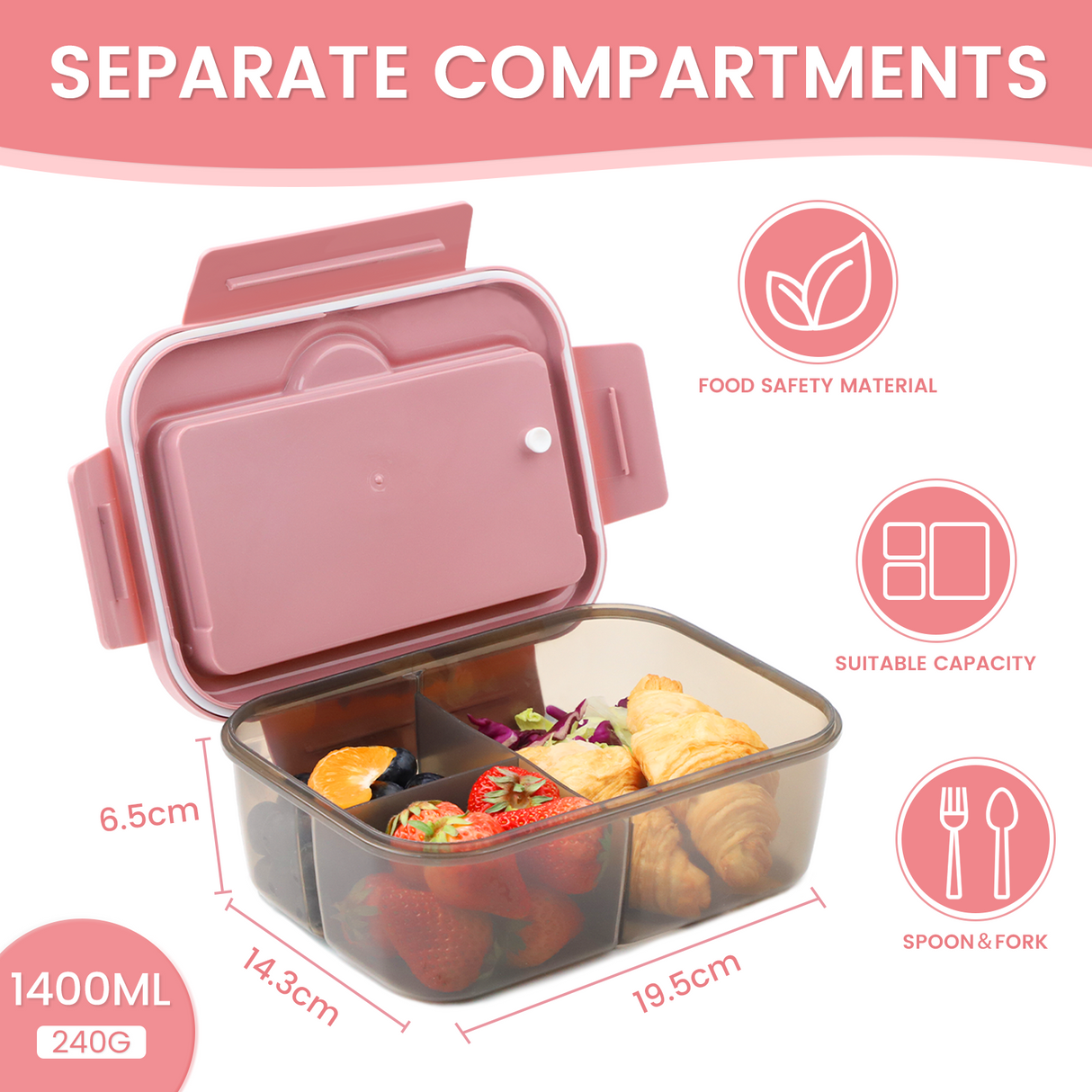 Bento Box for Adults, Bento Lunch Box, 1400ml Lunch Box with 3 Compartments for Cutlery