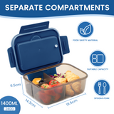 Bento Box for Adults, Bento Lunch Box, 1400ml Lunch Box with 3 Compartments for Cutlery