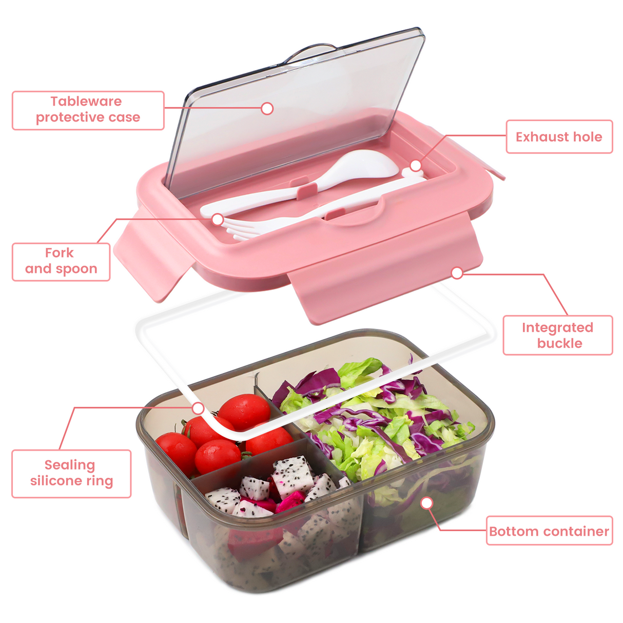 Bento Box for Adults, Bento Lunch Box, 1400ml Lunch Box with 3 Compartments for Cutlery