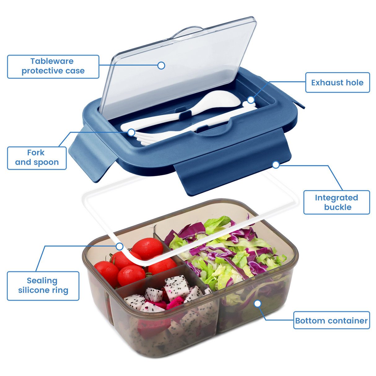 Bento Box for Adults, Bento Lunch Box, 1400ml Lunch Box with 3 Compartments for Cutlery