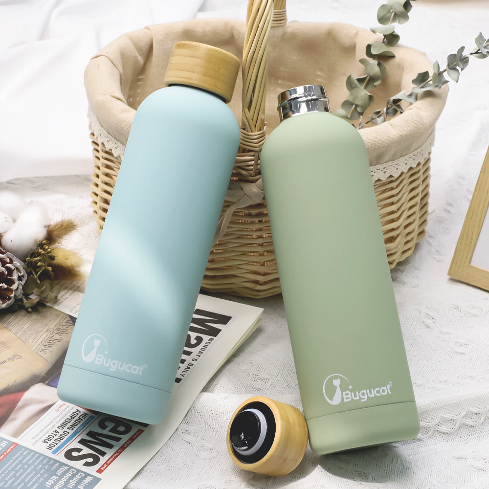 Bugucat Water Bottle 750ML,Leakproof Drinking Bottle Thermo Flask,Insulated Stainless Steel Water Bottle Reusable