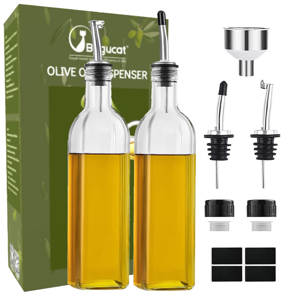 Vinegar Oil Dispenser 2 Pieces, Transparent Olive Oil Dispenser Bottle Glass with Spouhen Grill Pasta Saladt Leak-proof