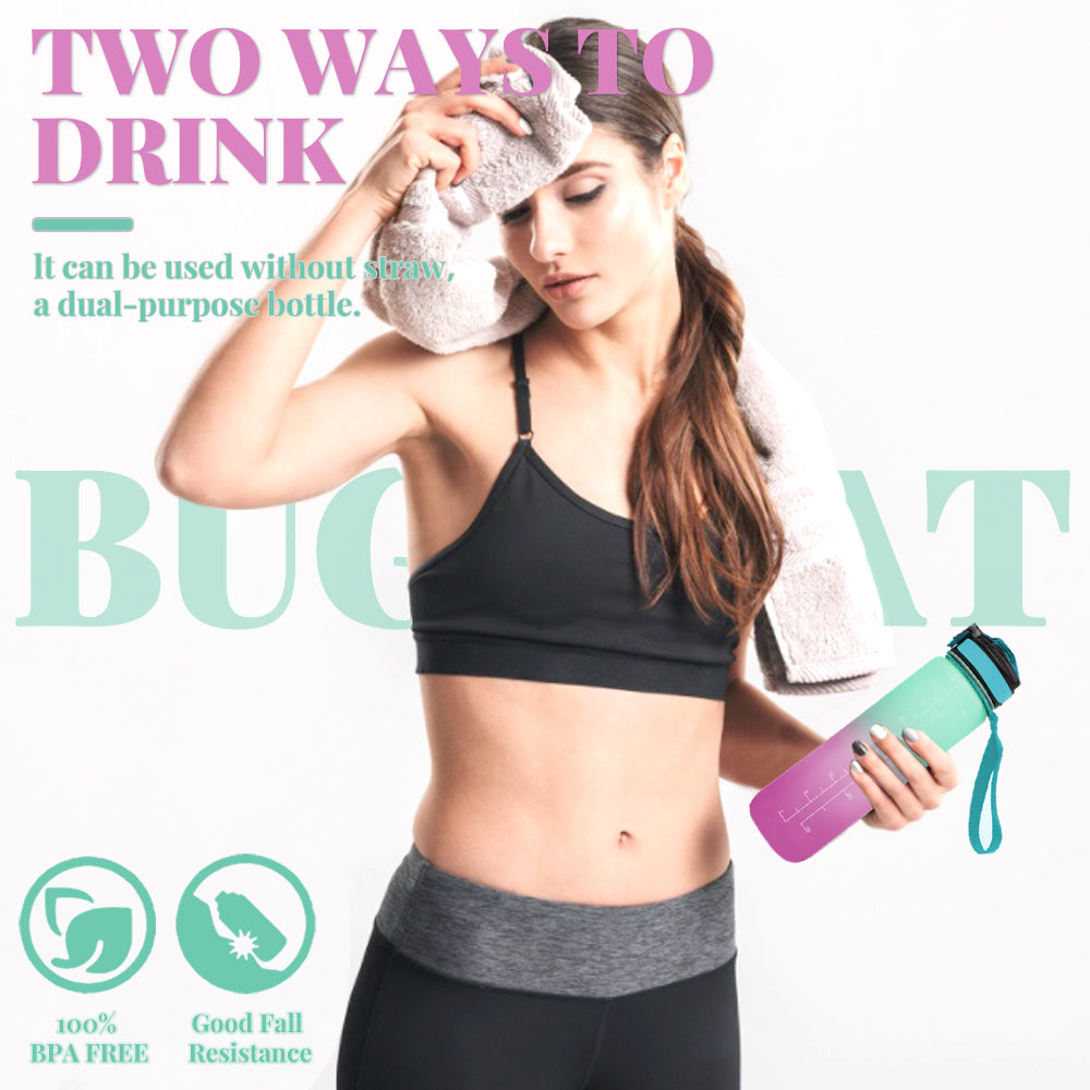 Bugucat Wasserflasche 1000 ml, Trinkflasche mit Strohhalm und Zeitmarkierungen, auslaufsicherer Sportkrug, wiederverwendbar, BPA-freier Tritan-Wasseraufbewahrungsbehälter für Fitnessstudio, Outdoor, Radfahren, Fitness, Outdoor, 1 Klick öffnen