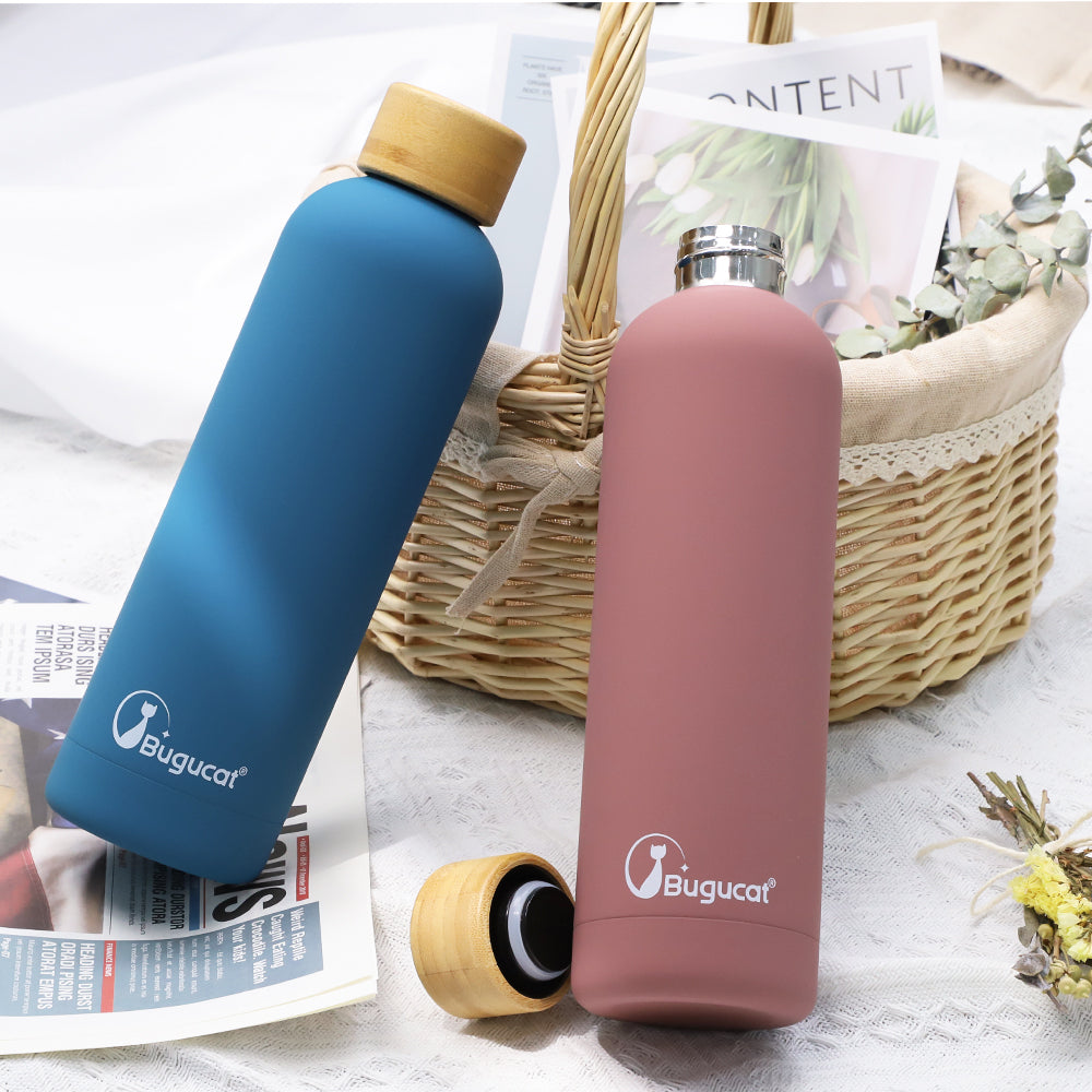 Bugucat Water Bottle 750ML,Leakproof Drinking Bottle Thermo Flask,Insulated Stainless Steel Water Bottle Reusable