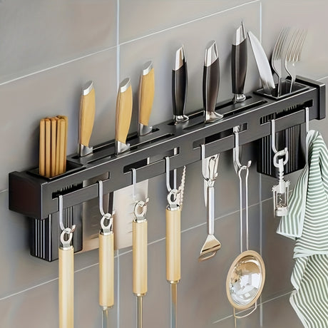 Premium Knife Storage Rack - Wall Mounted Kitchen Organizer With Hooks & Utensil Holder - Space-Saving, Durable, Versatile Design For Chopsticks, Knives & Gadgets