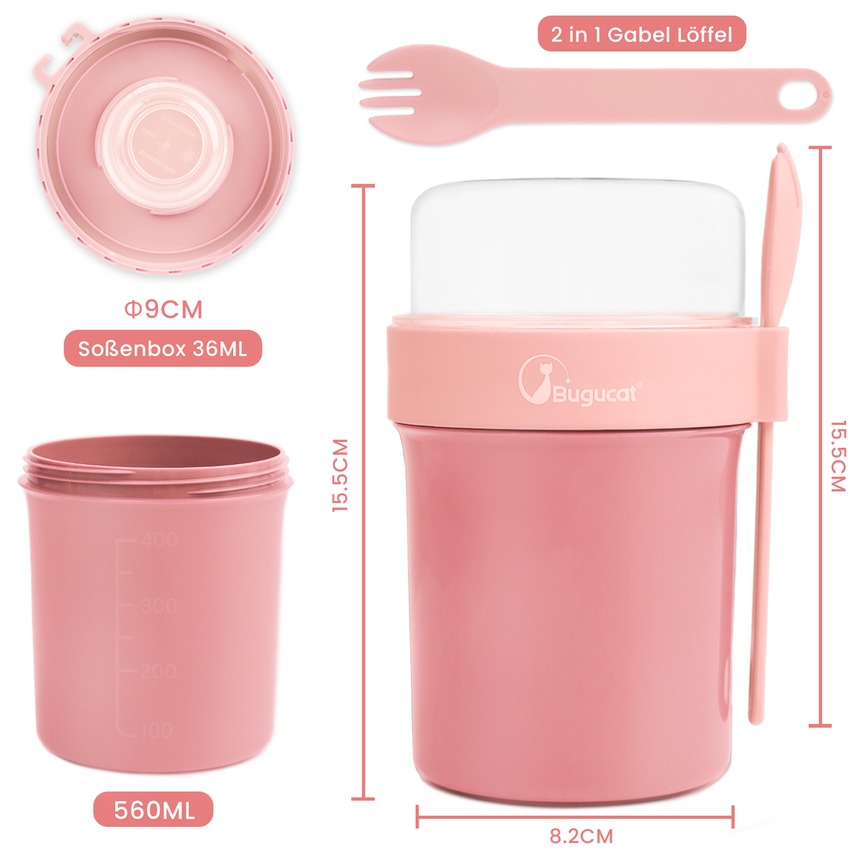 Cereal Cup To Go 560 ml + 230 ml, Yoghurt Cup To Go with Spoon and Lid,Leak-Proof Cereal To Go Cup with Sauce Box