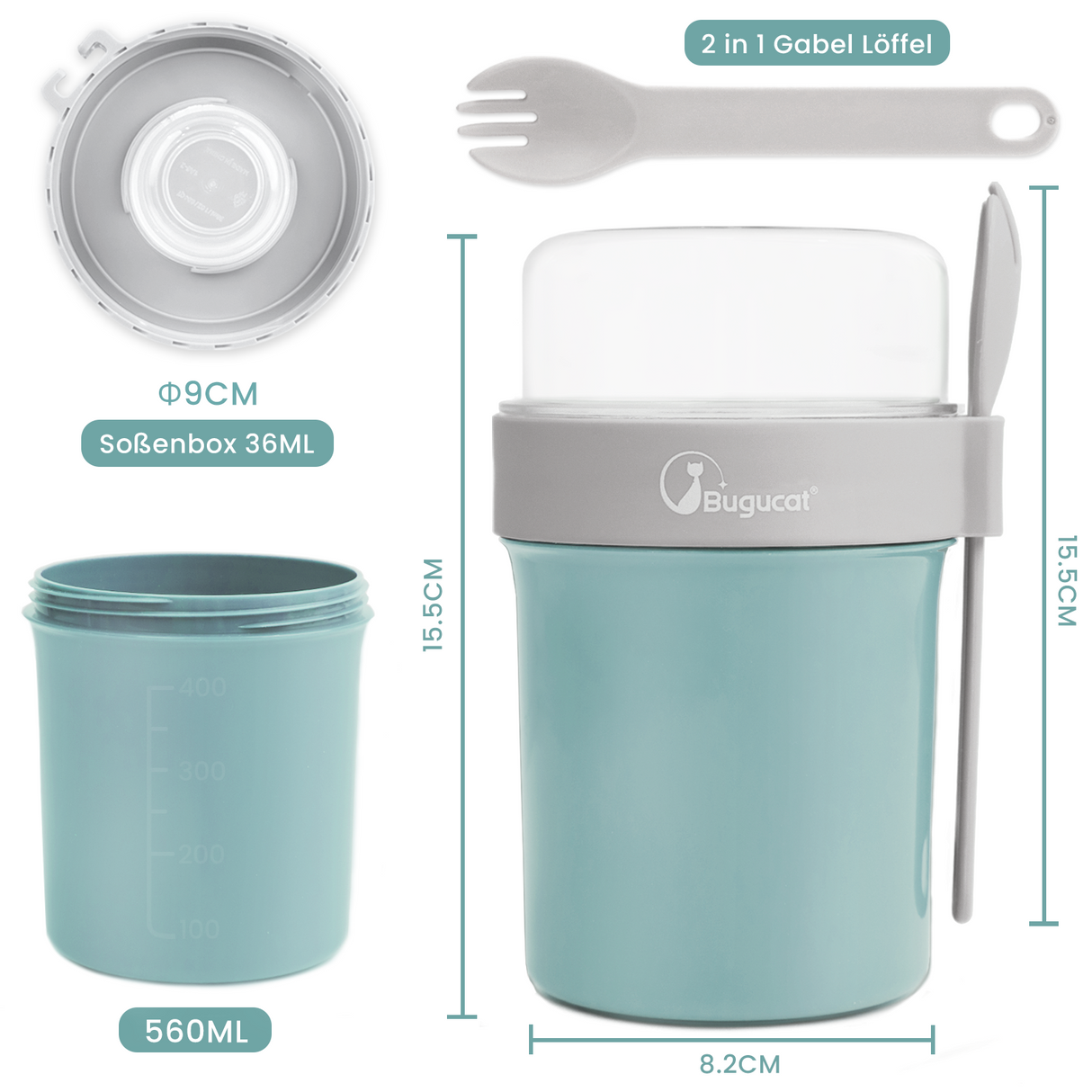 Cereal Cup To Go 560 ml + 230 ml, Yoghurt Cup To Go with Spoon and Lid,Leak-Proof Cereal To Go Cup with Sauce Box