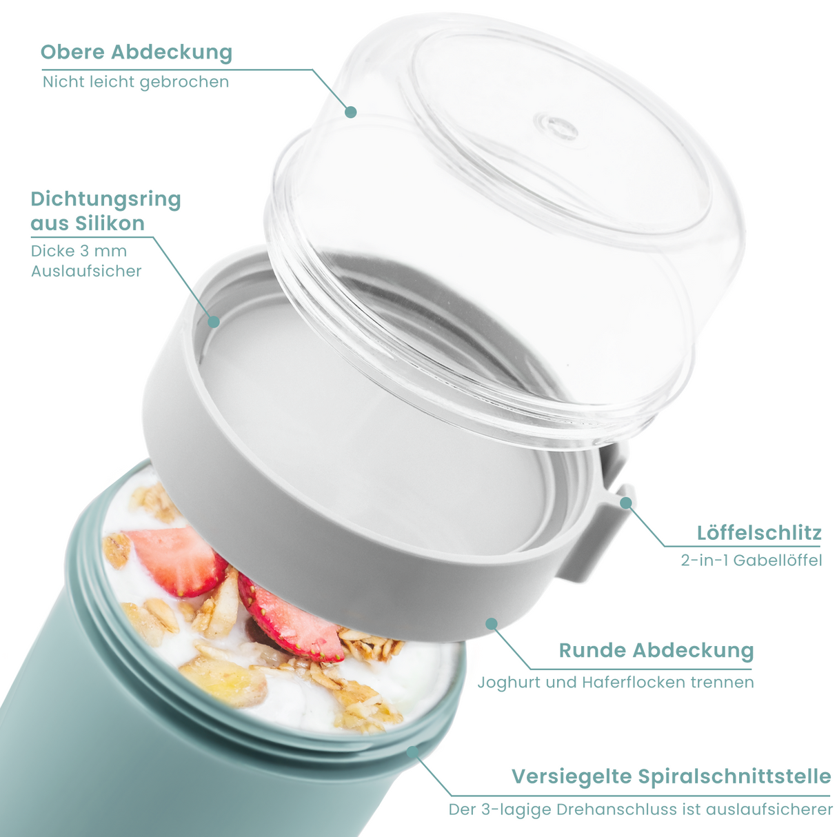 Cereal Cup To Go 560 ml + 230 ml, Yoghurt Cup To Go with Spoon and Lid,Leak-Proof Cereal To Go Cup with Sauce Box