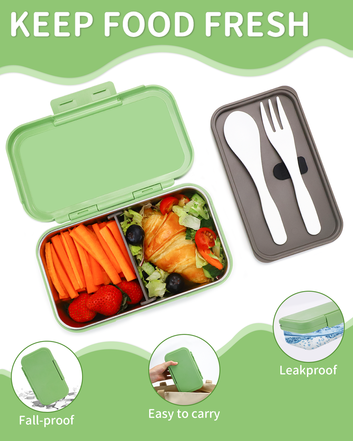 Lunch Box Stainless Steel 900 ml, Leak-Proof Bento Box Children's Lunch Box with Dividers