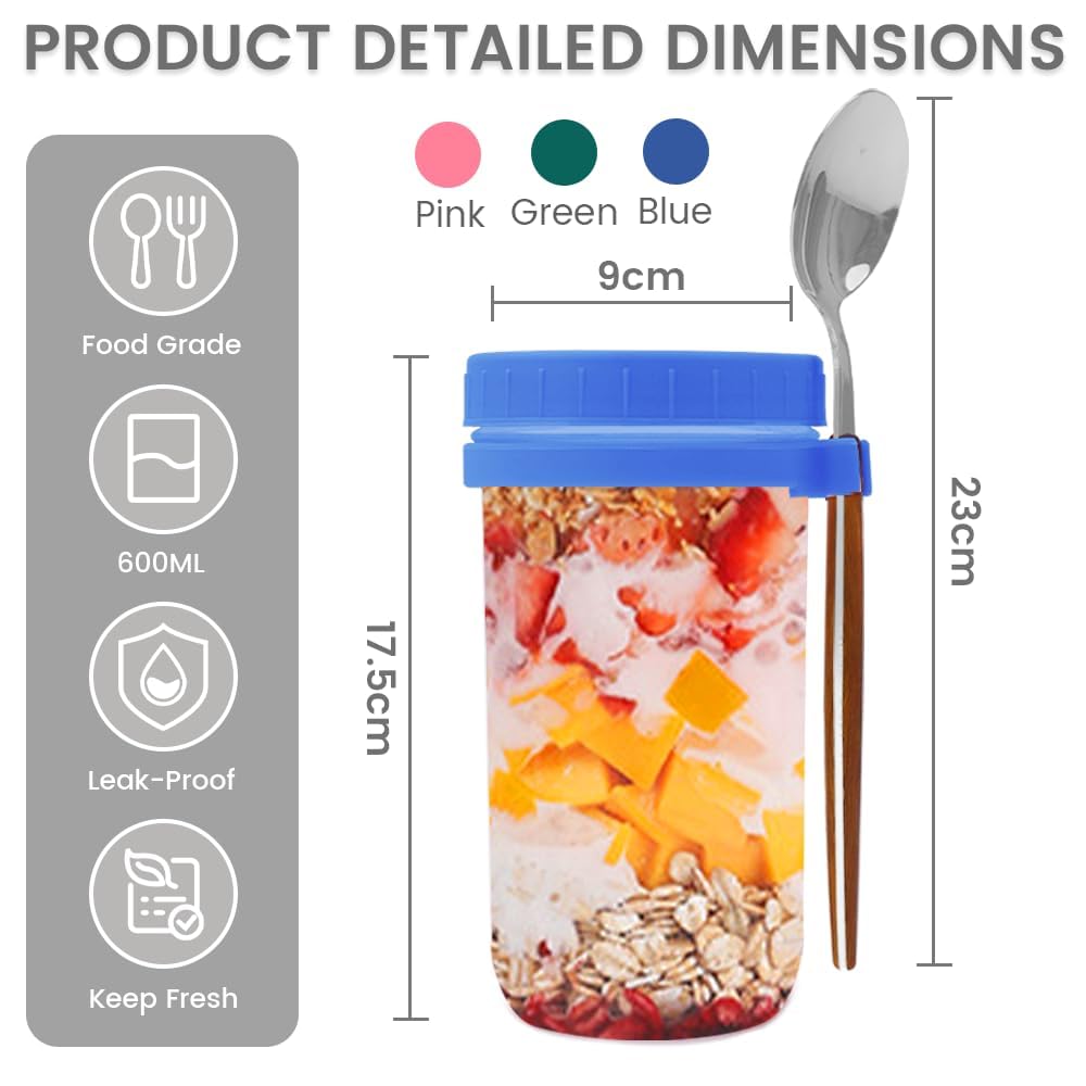 Cereal Cup To Go 2pcs 600ml, Practical Yogurt Cup & Cereal Cup For Picnic, Leak-Proof Lunch Pot Glass