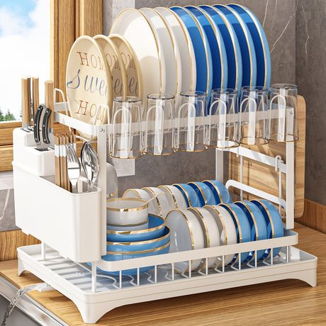 Dish Drying Rack, Two-Tier Dish Rack Featuring  Drainboard, Multifunctional Dish Drainer, Includes Cutting Board Holder, Utensil Holder