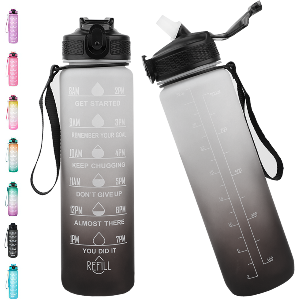 Bugucat Wasserflasche 1000 ml, Trinkflasche mit Strohhalm und Zeitmarkierungen, auslaufsicherer Sportkrug, wiederverwendbar, BPA-freier Tritan-Wasseraufbewahrungsbehälter für Fitnessstudio, Outdoor, Radfahren, Fitness, Outdoor, 1 Klick öffnen