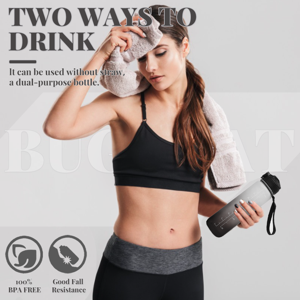 Bugucat botella para beber 1000ML, botella de agua deportiva a prueba de fugas con pajitas, botella deportiva motivadora con marca de tiempo Botella de bebida para fitness, camping, viajes, yoga, Tritan sin BPA