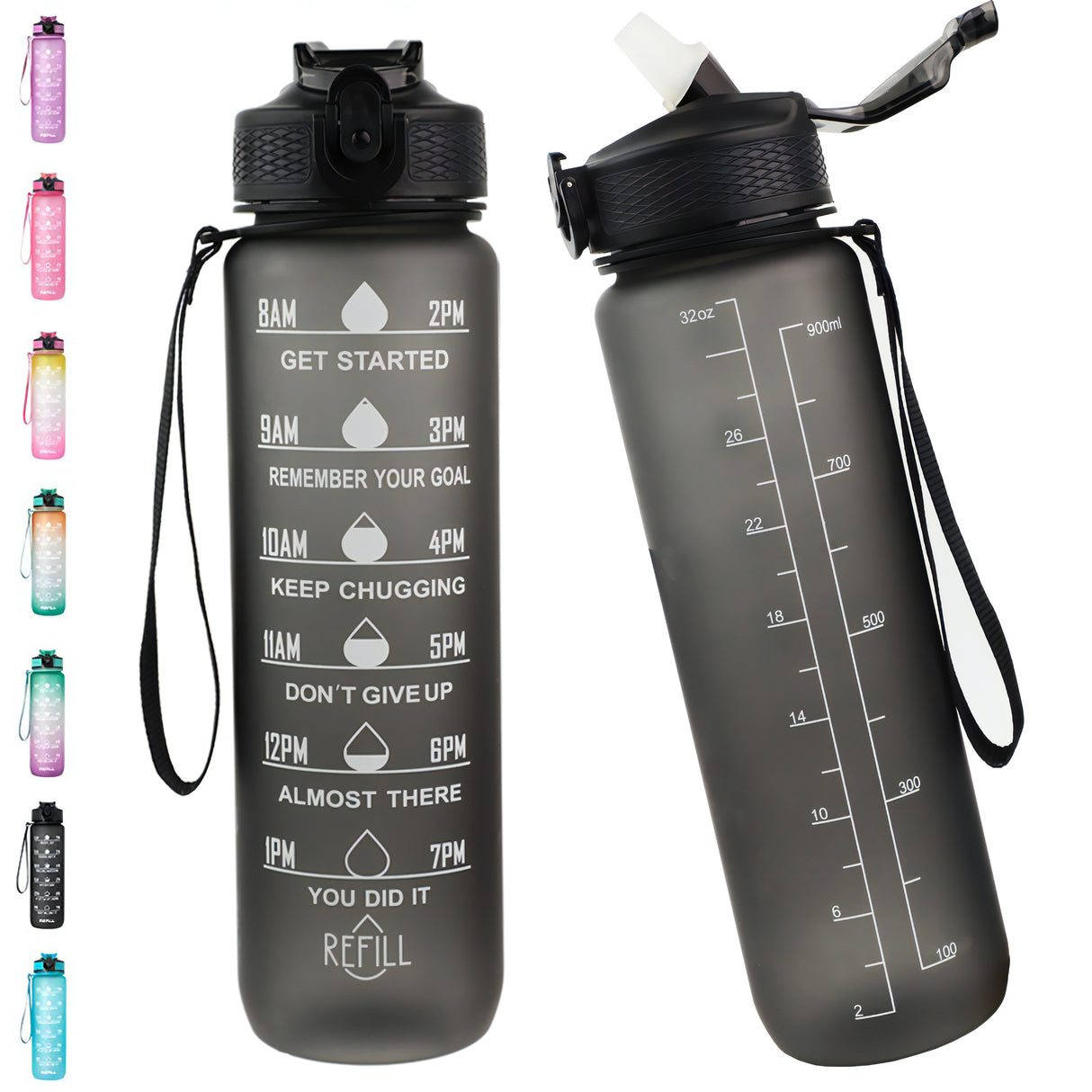 Water Bottle 1000ML, Drinks Bottle with Straw and Time Markings, Leak Proof Sport Jug Reusable, BPA Free Tritan Water Storage Container for Gym Outdoor Cycling Fitness Outdoor, 1 Click Open