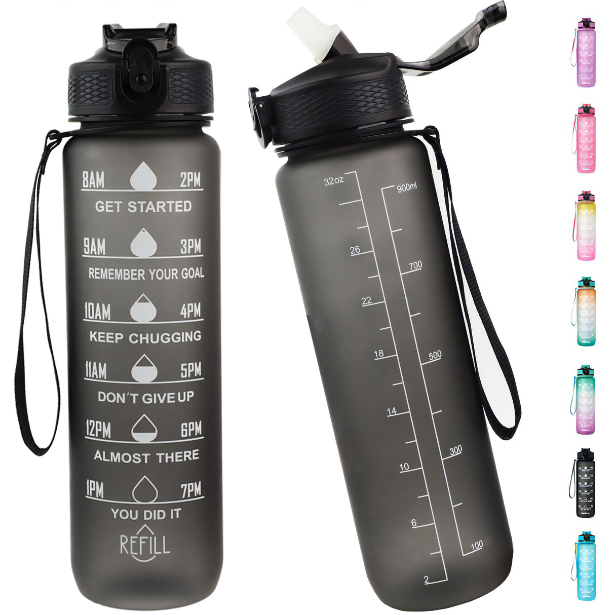 Bugucat Trinkflasche 1L, Sport Wasserflasche Water Bottle Auslaufsichere mit Strohhalme, Motivierende Sportflasche mit Zeitmarkierungen Trinkflasche für Fitness Camping Yoga Reisen, BPA-frei