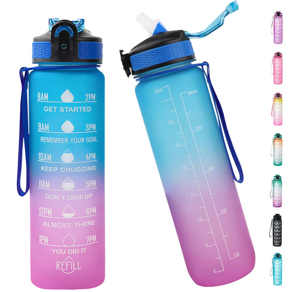 Bugucat Trinkflasche 1L, Sport Wasserflasche Water Bottle Auslaufsichere mit Strohhalme, Motivierende Sportflasche mit Zeitmarkierungen Trinkflasche für Fitness Camping Yoga Reisen, BPA-frei