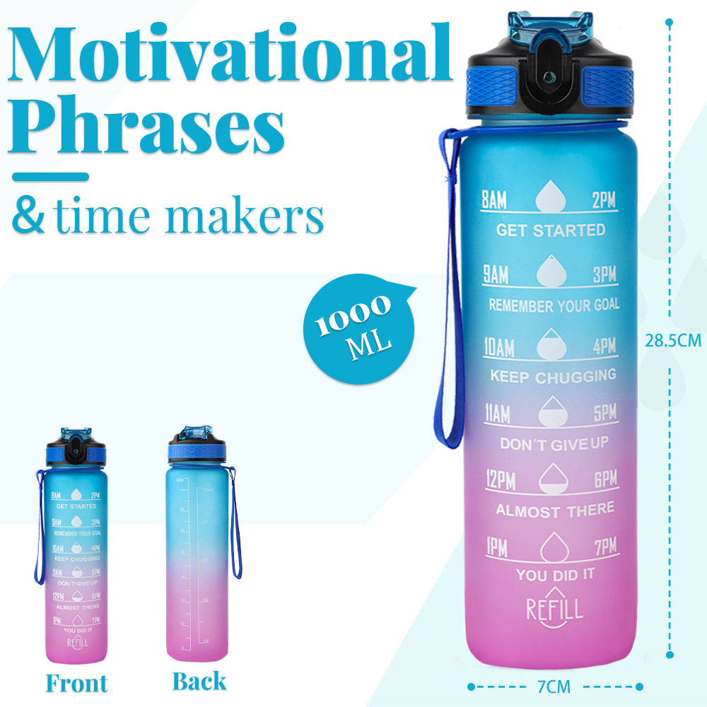 Bugucat Trinkflasche 1L, Sport Wasserflasche Water Bottle Auslaufsichere mit Strohhalme, Motivierende Sportflasche mit Zeitmarkierungen Trinkflasche für Fitness Camping Yoga Reisen, BPA-frei