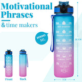 Bugucat Trinkflasche 1L, Sport Wasserflasche Water Bottle Auslaufsichere mit Strohhalme, Motivierende Sportflasche mit Zeitmarkierungen Trinkflasche für Fitness Camping Yoga Reisen, BPA-frei