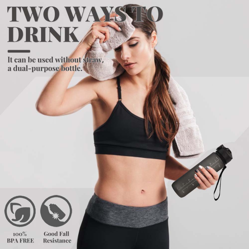 Bugucat botella para beber 1000ML, botella de agua deportiva a prueba de fugas con pajitas, botella deportiva motivadora con marca de tiempo Botella de bebida para fitness, camping, viajes, yoga, Tritan sin BPA