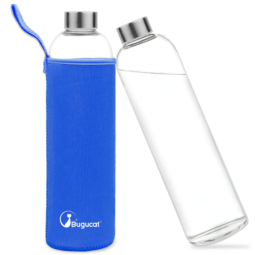 Glass Water Bottle 1000ML, Glass Drinking Bottle with Protective Sleev –  Bugucat Home