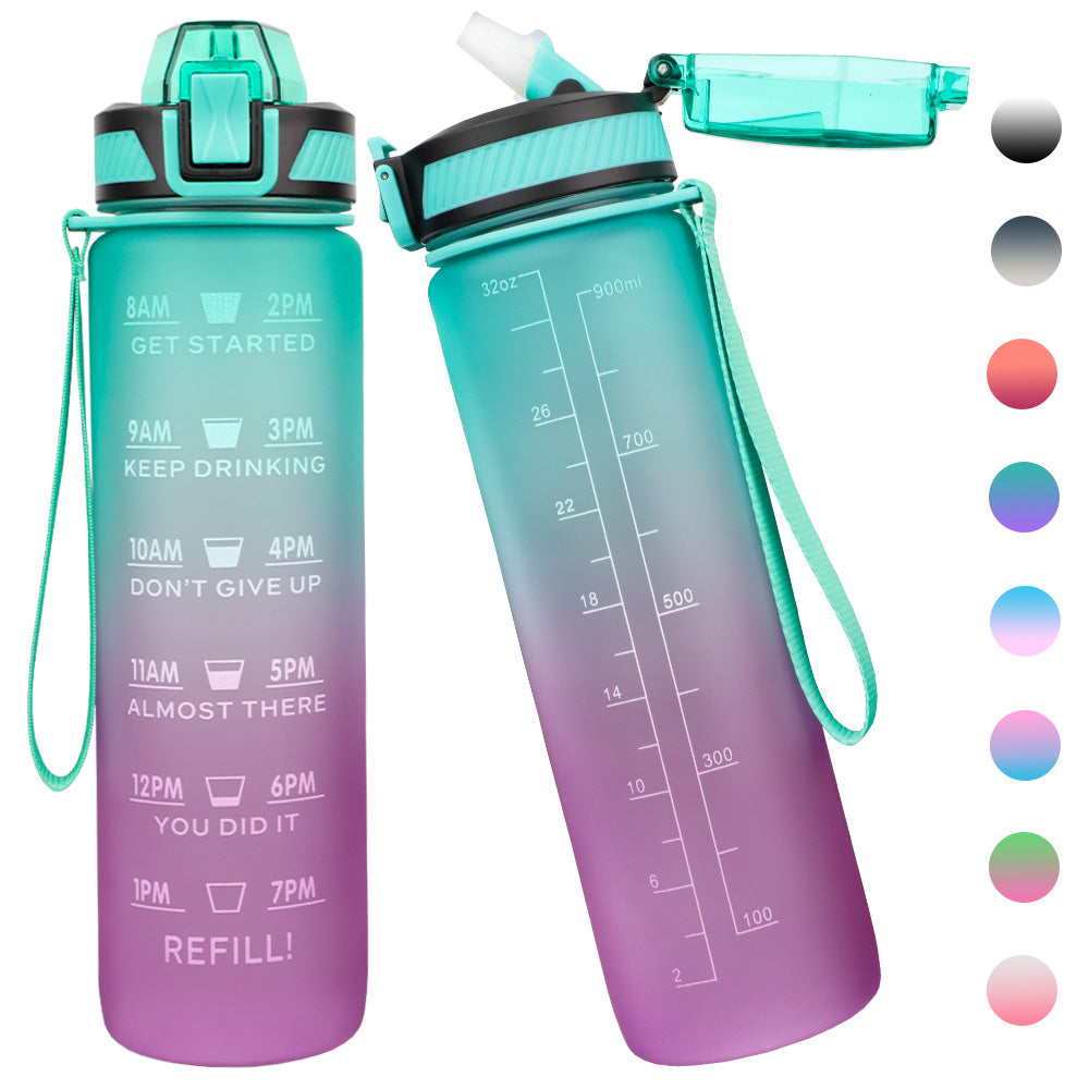 Bugucat Trinkflasche 1L, Sport Wasserflasche Water Bottle Auslaufsichere mit Strohhalme, Motivierende Sportflasche mit Zeitmarkierungen Trinkflasche für Fitness Camping Yoga Reisen, BPA-frei Tritan