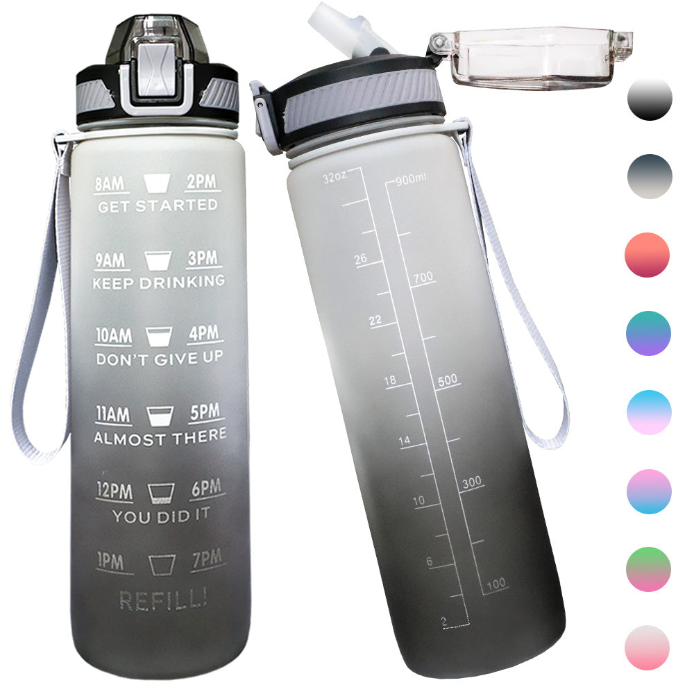 Bugucat Trinkflasche 1L, Sport Wasserflasche Water Bottle Auslaufsichere mit Strohhalme, Motivierende Sportflasche mit Zeitmarkierungen Trinkflasche für Fitness Camping Yoga Reisen, BPA-frei Tritan