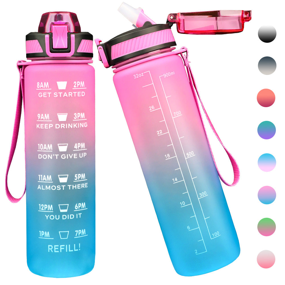 Water Bottle 1L Tritan, Sports Water Bottle Leak-Proof with Straw, Motivational Sports Bottle with Time Markings, Drink Bottle BPA-Free