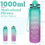 Bugucat Trinkflasche 1L, Sport Wasserflasche Water Bottle Auslaufsichere mit Strohhalme, Motivierende Sportflasche mit Zeitmarkierungen Trinkflasche für Fitness Camping Yoga Reisen, BPA-frei Tritan