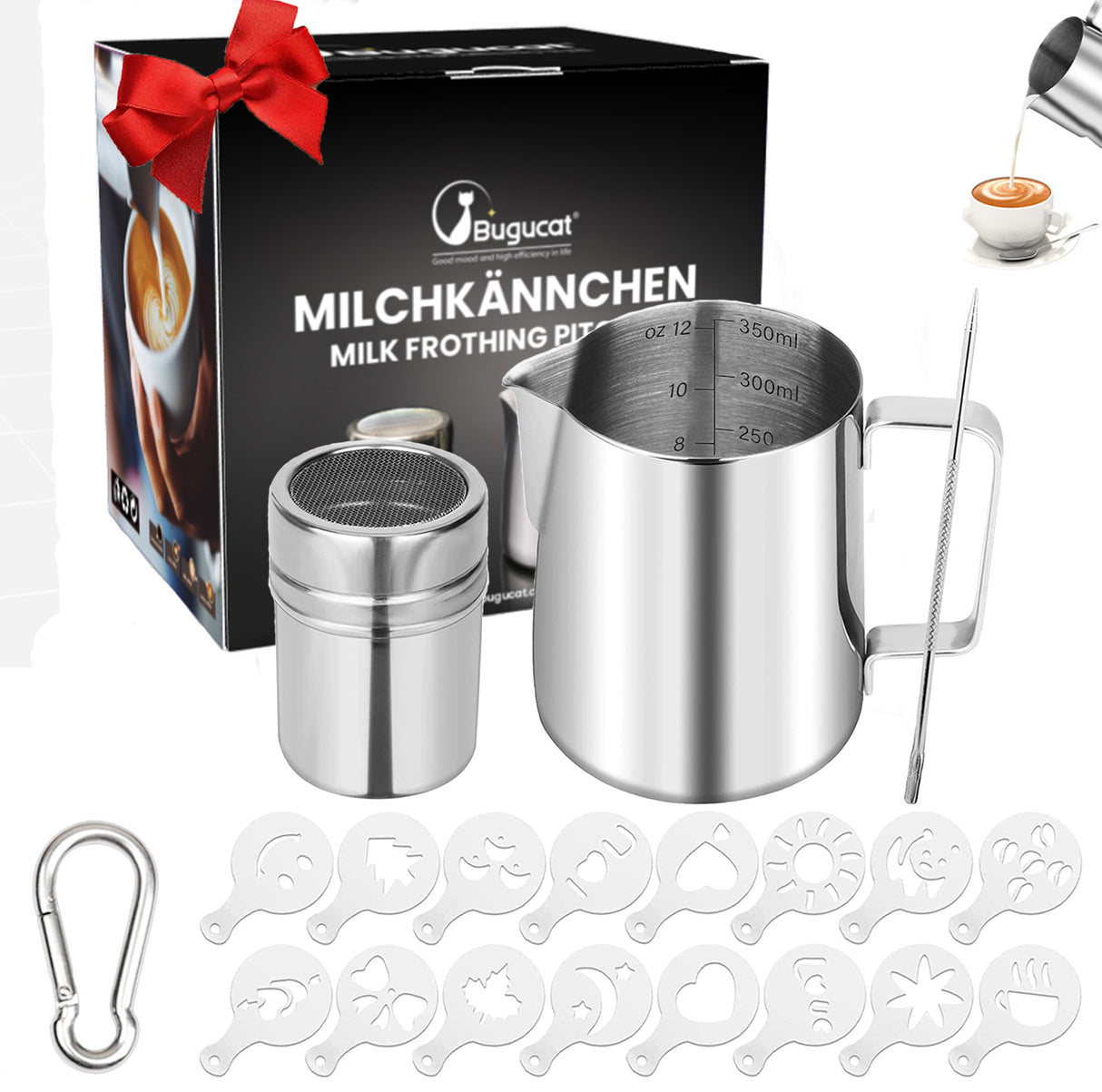 Brocca per latte Bugucat 350ML, brocca per schiuma di latte montalatte in acciaio inox, brocca per montalatte tazza con shaker per polvere latte art penna 16 pezzi stampini caffè cappuccino ganci a forma