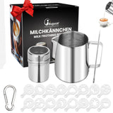 Bugucat Milchkännchen 350ML, Milchschaumkännchen Edelstahl Milchaufschäumer, Milchkanne Aufschäumer Kännchen Tasse mit Pulverstreuer Latte Art Stift 16 Stücke Kaffee Cappuccino Schablonen Formhaken