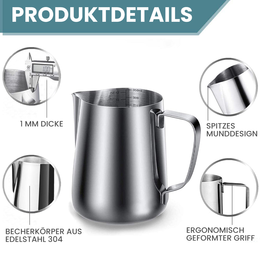 Brocca per latte Bugucat 350ML, brocca per schiuma di latte montalatte in acciaio inox, brocca per montalatte tazza con shaker per polvere latte art penna 16 pezzi stampini caffè cappuccino ganci a forma