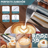 Bugucat Milchkännchen 350ML, Milchschaumkännchen Edelstahl Milchaufschäumer, Milchkanne Aufschäumer Kännchen Tasse mit Pulverstreuer Latte Art Stift 16 Stücke Kaffee Cappuccino Schablonen Formhaken