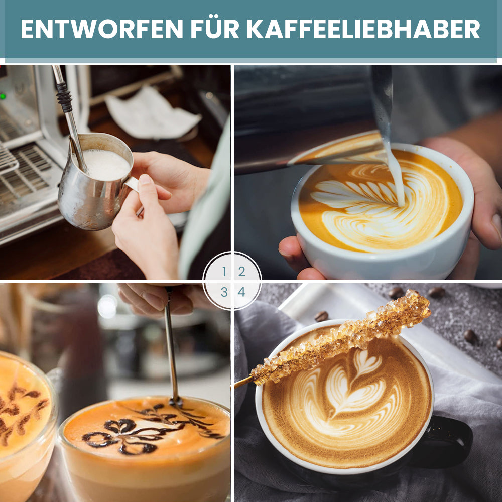 Bugucat Milchkännchen 350ML, Milchschaumkännchen Edelstahl Milchaufschäumer, Milchkanne Aufschäumer Kännchen Tasse mit Pulverstreuer Latte Art Stift 16 Stücke Kaffee Cappuccino Schablonen Formhaken