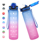 Water Bottle 1L, Drinks Bottle with Straw and Time Markings, Leak Proof Sport Jug Reusable, BPA Free Tritan Water Storage Container for Gym Outdoor Cycling Fitness Outdoor, 1 Click Open